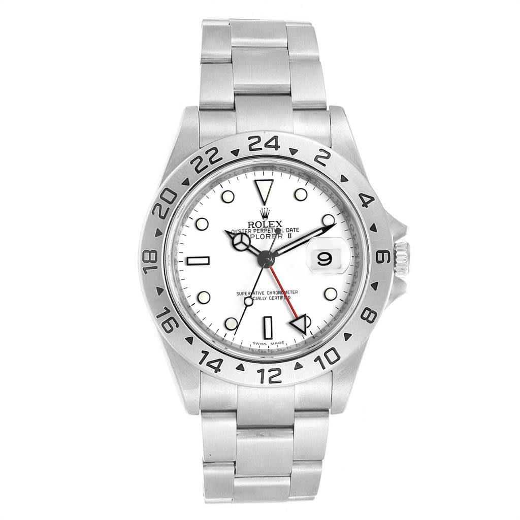 The image shows a front view of the Rolex Explorer 16570 Men's Stainless Steel White Dial 16570 Men's Stainless Steel White Dial watch, highlighting its bezel, dial, hands, bracelet, and crown.