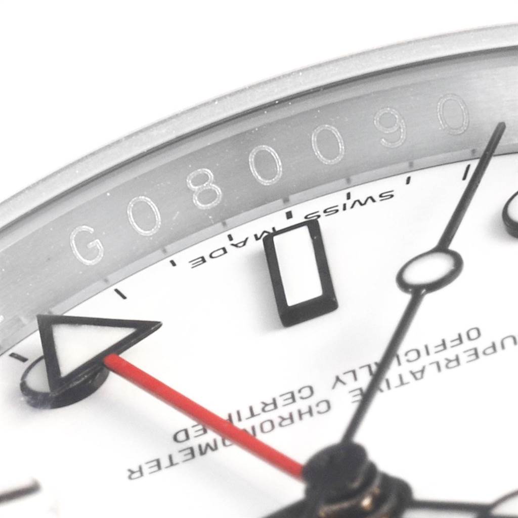 The image shows a close-up of the dial of a Rolex Explorer 16570 Men's Stainless Steel White Dial 16570 Men's Stainless Steel White Dial watch, highlighting the hands and numerals.