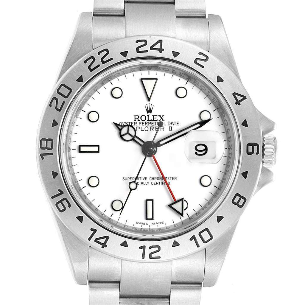 This image shows the front face of a Rolex Explorer 16570 Men's Stainless Steel White Dial 16570 Men's Stainless Steel White Dial watch, detailing the dial, bezel, hands, and date window.