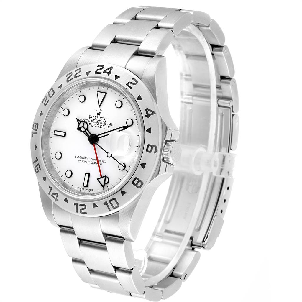 The Rolex Explorer 16570 Men's Stainless Steel White Dial 16570 Men's Stainless Steel White Dial watch is shown at a three-quarter angle, displaying the face, bezel, crown, and bracelet.