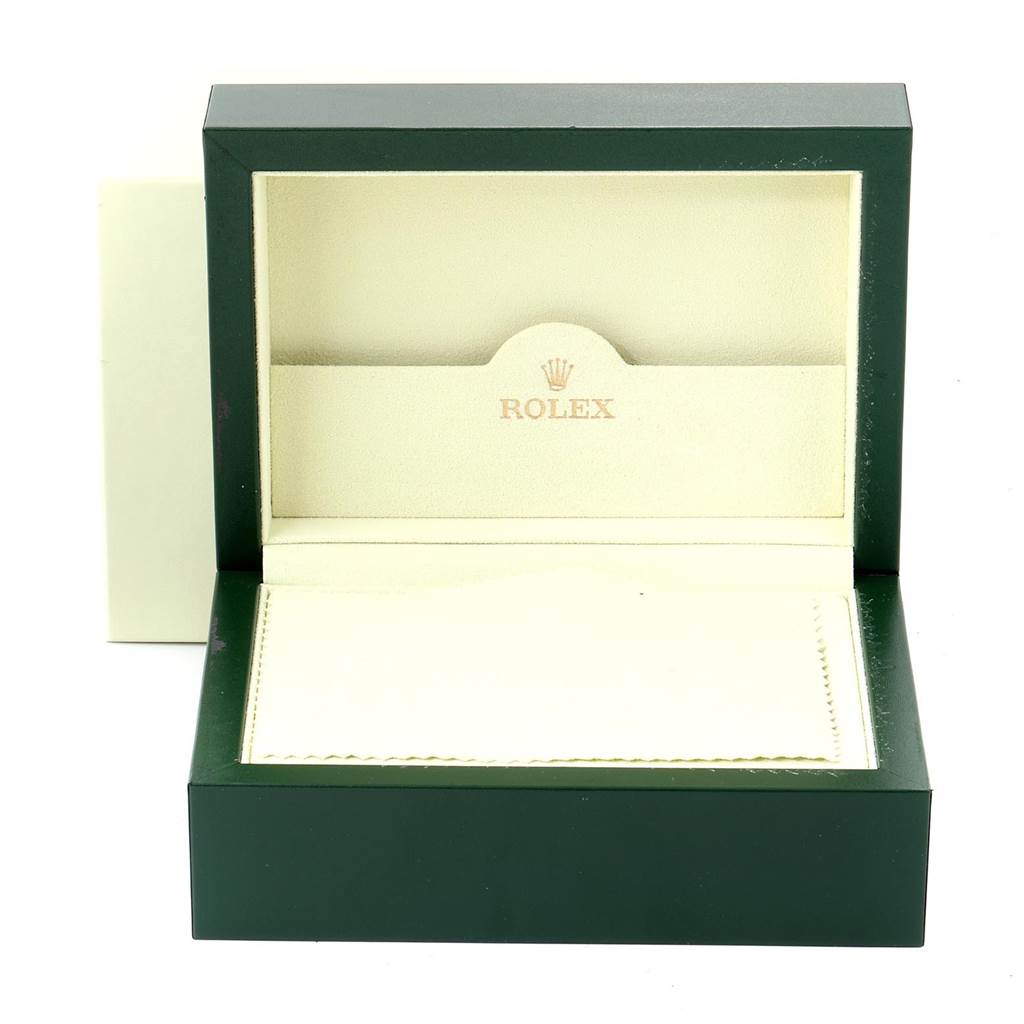 The image shows an open Rolex Explorer 16570 Men's Stainless Steel White Dial 16570 Men's Stainless Steel White Dial watch box with the interior label visible.