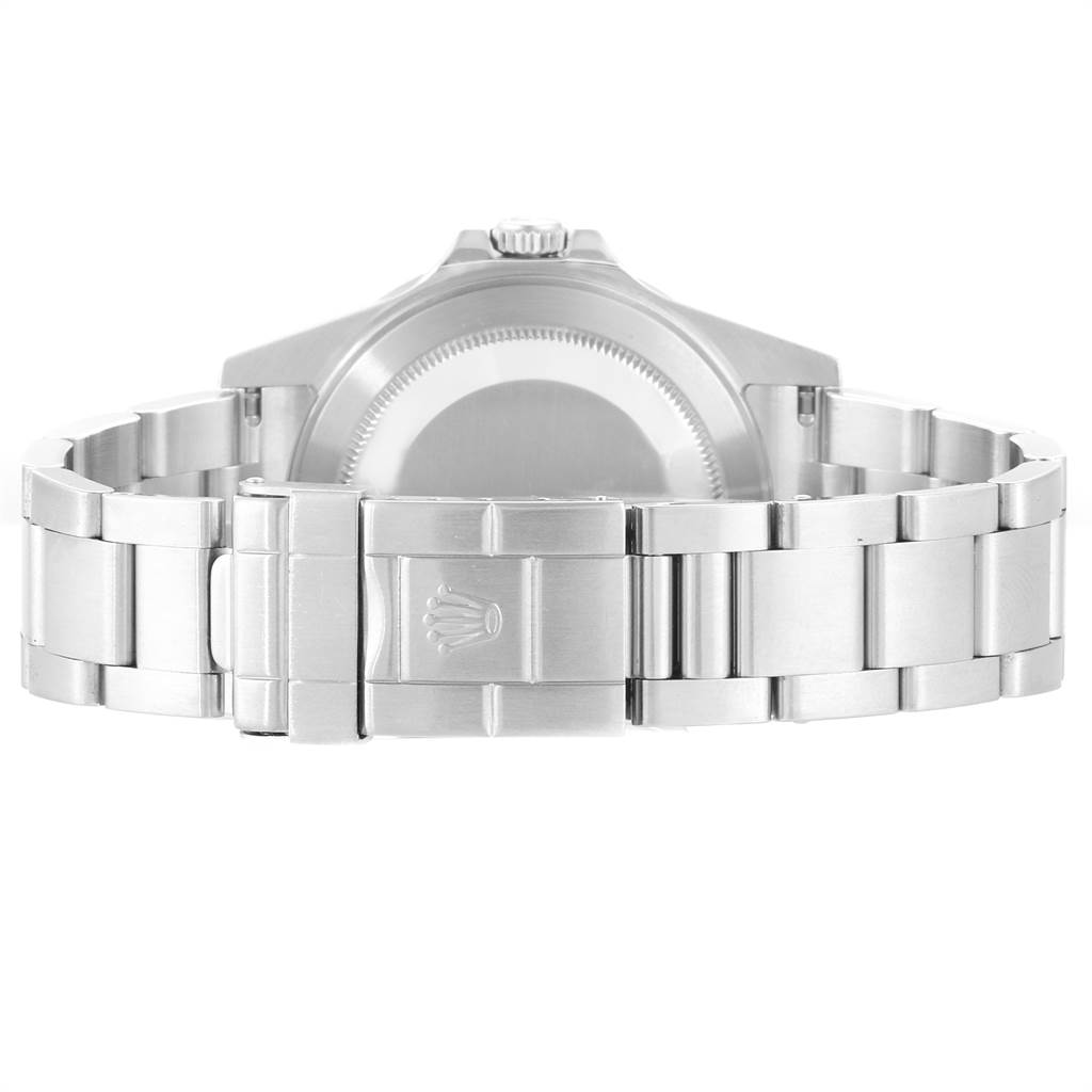 This image shows the back view of a Rolex Explorer 16570 Men's Stainless Steel White Dial 16570 Men's Stainless Steel White Dial watch, focusing on the clasp and bracelet.