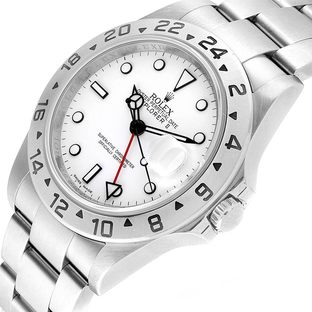 The image shows a close-up view of a Rolex Explorer 16570 Men's Stainless Steel White Dial 16570 Men's Stainless Steel White Dial watch displaying its face, bezel, crown, and part of the bracelet.