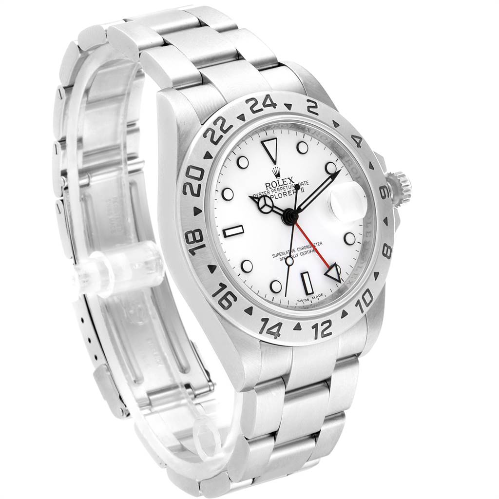 The image shows a Rolex Explorer 16570 Men's Stainless Steel White Dial 16570 Men's Stainless Steel White Dial watch with a white dial and a stainless steel band, angled from the front-left.