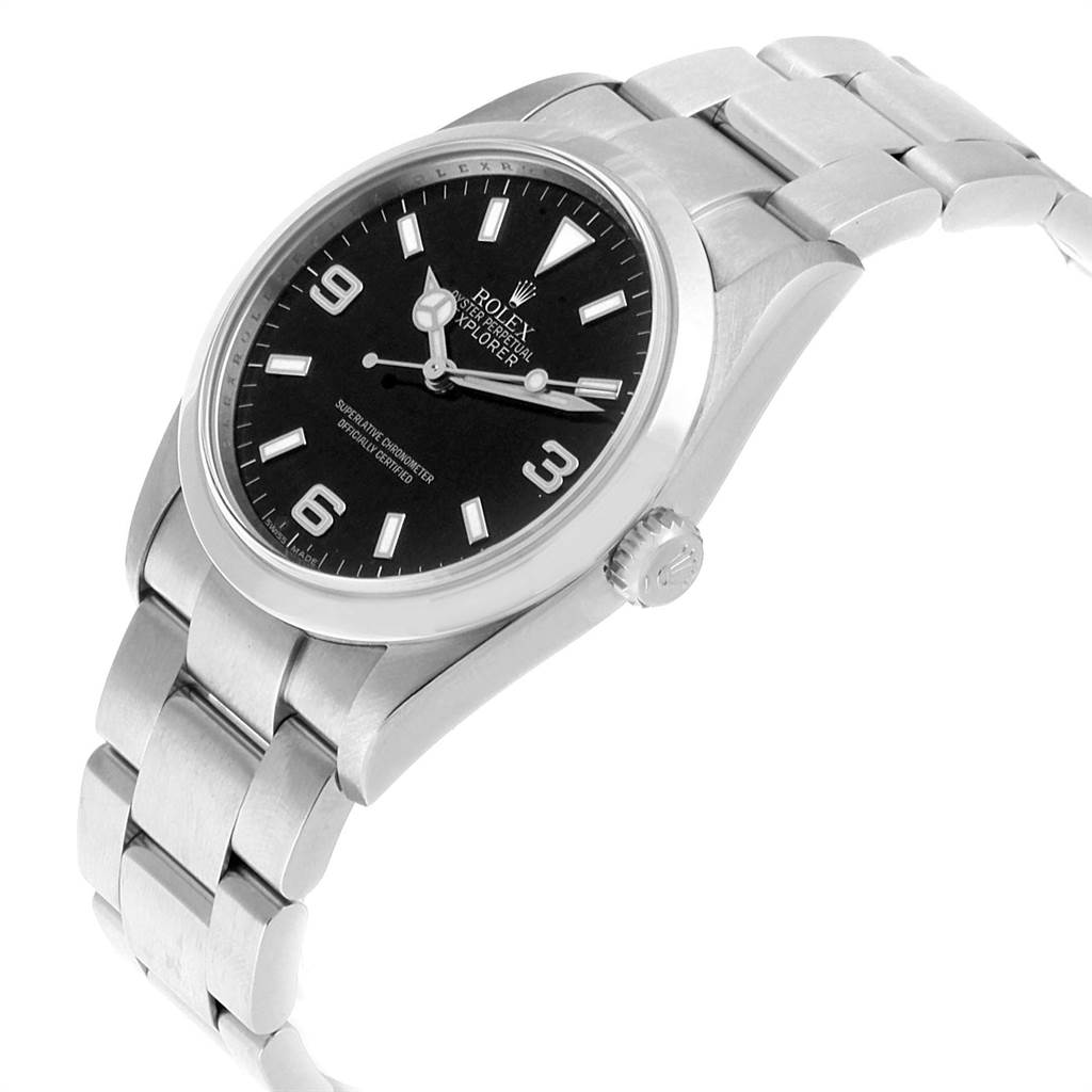 This image shows a Rolex Explorer 114270 Men's Stainless Steel Black Dial 114270 Men's Stainless Steel Black Dial model watch at a slight angle, highlighting the wristband, case, and dial.