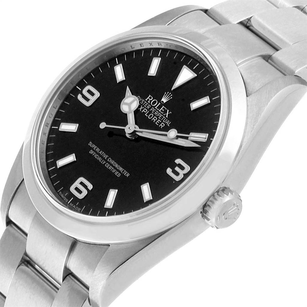 The image shows a close-up angle of the Rolex Explorer 114270 Men's Stainless Steel Black Dial 114270 Men's Stainless Steel Black Dial watch, highlighting the dial, bracelet, and crown.