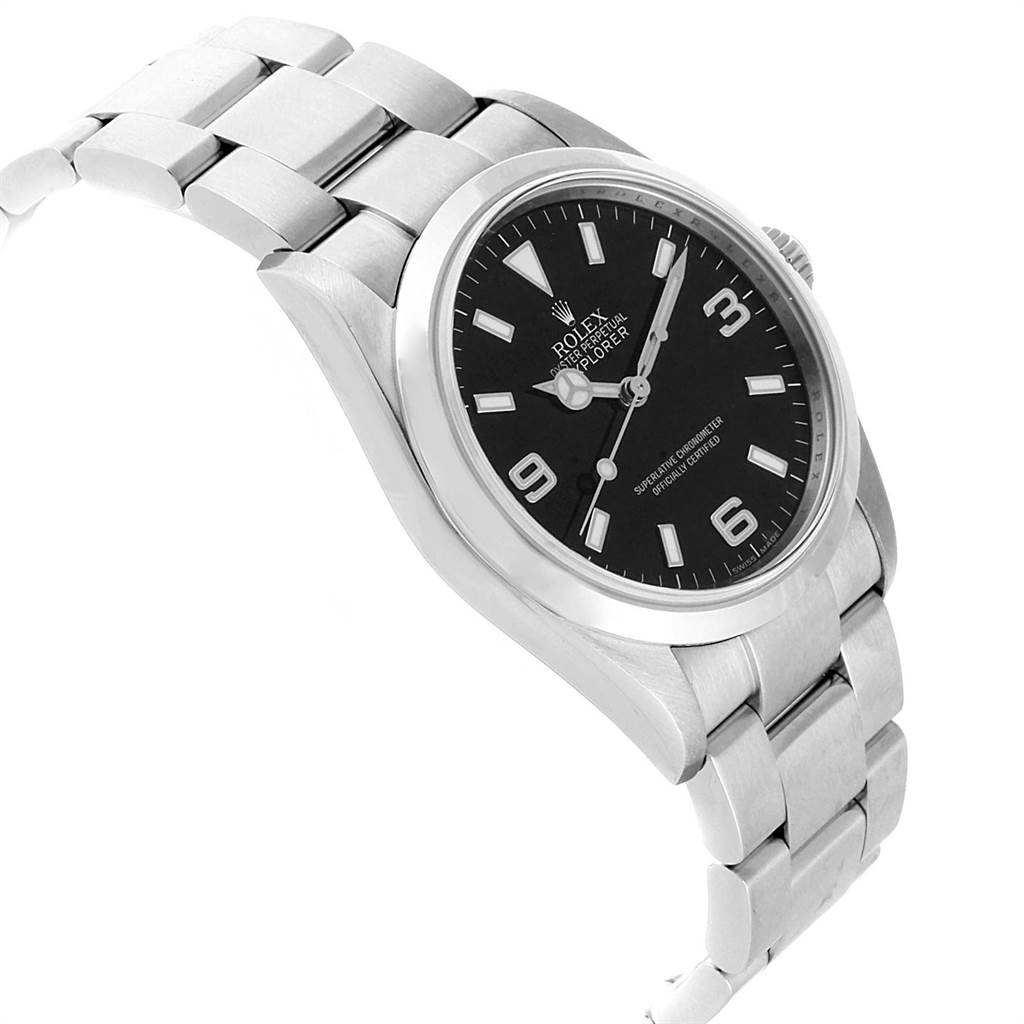 The image shows a left-side angled view of a Rolex Explorer 114270 Men's Stainless Steel Black Dial 114270 Men's Stainless Steel Black Dial watch, highlighting its black dial, bezel, and metal bracelet.