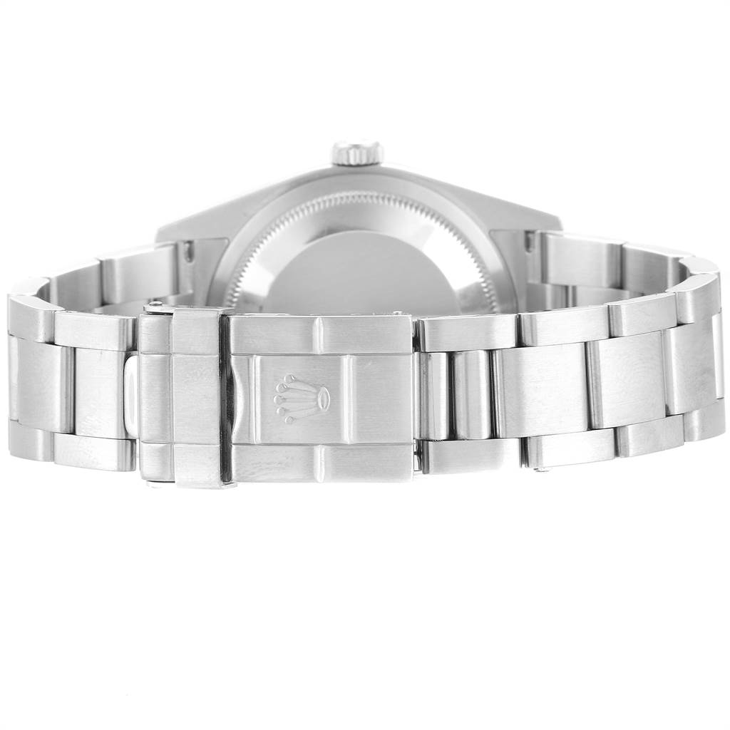 The image shows the stainless steel back case and bracelet clasp of a Rolex Explorer 114270 Men's Stainless Steel Black Dial 114270 Men's Stainless Steel Black Dial watch from a rear angle.