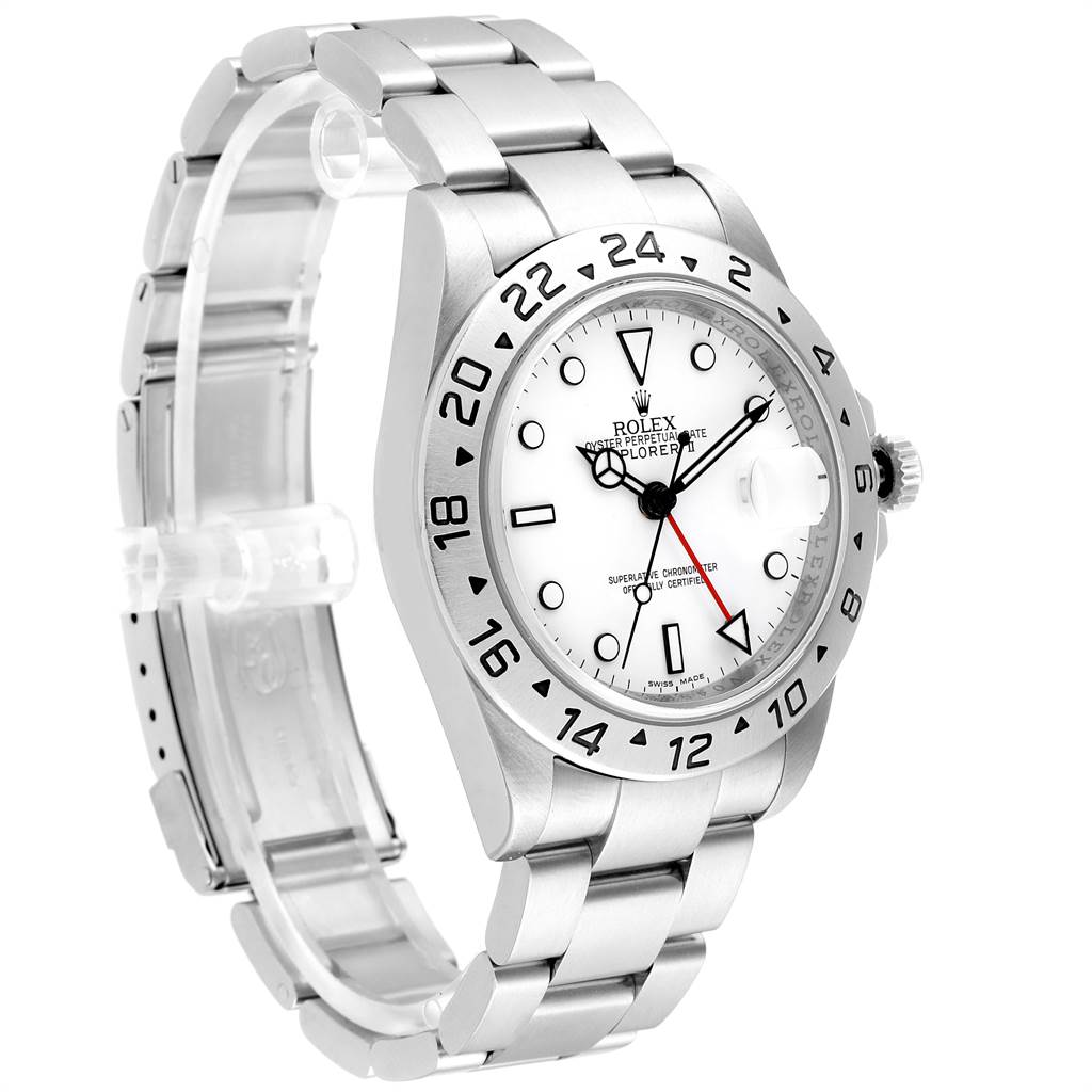 This image shows a Rolex Explorer 16570 Men's Stainless Steel White Dial 16570 Men's Stainless Steel White Dial model watch at an angled side view, displaying the face, bezel, and bracelet.