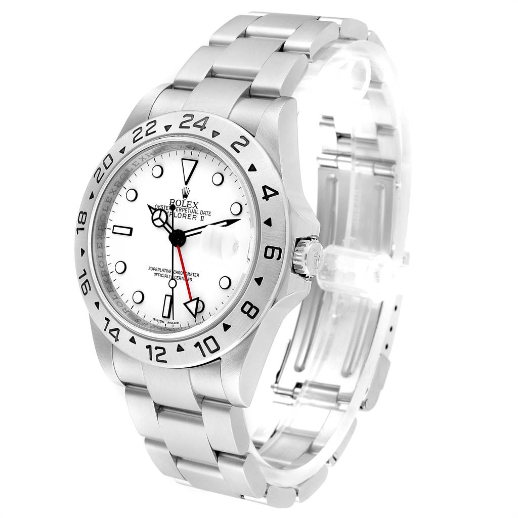 The Rolex Explorer 16570 Men's Stainless Steel White Dial 16570 Men's Stainless Steel White Dial watch is shown at a slight angle, displaying its face, bezel, and metal bracelet.