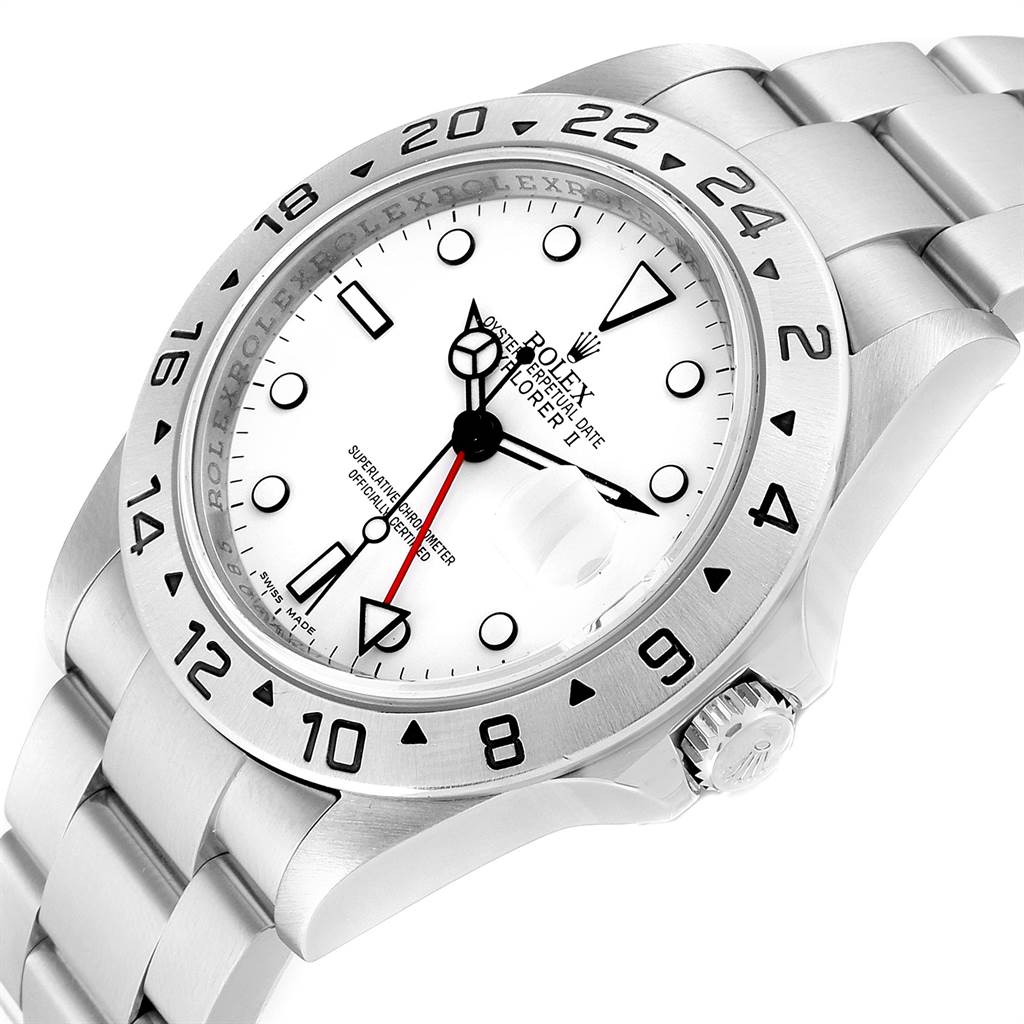 The Rolex Explorer 16570 Men's Stainless Steel White Dial 16570 Men's Stainless Steel White Dial model watch is shown in an angled view, highlighting the face, bezel, crown, and part of the bracelet.