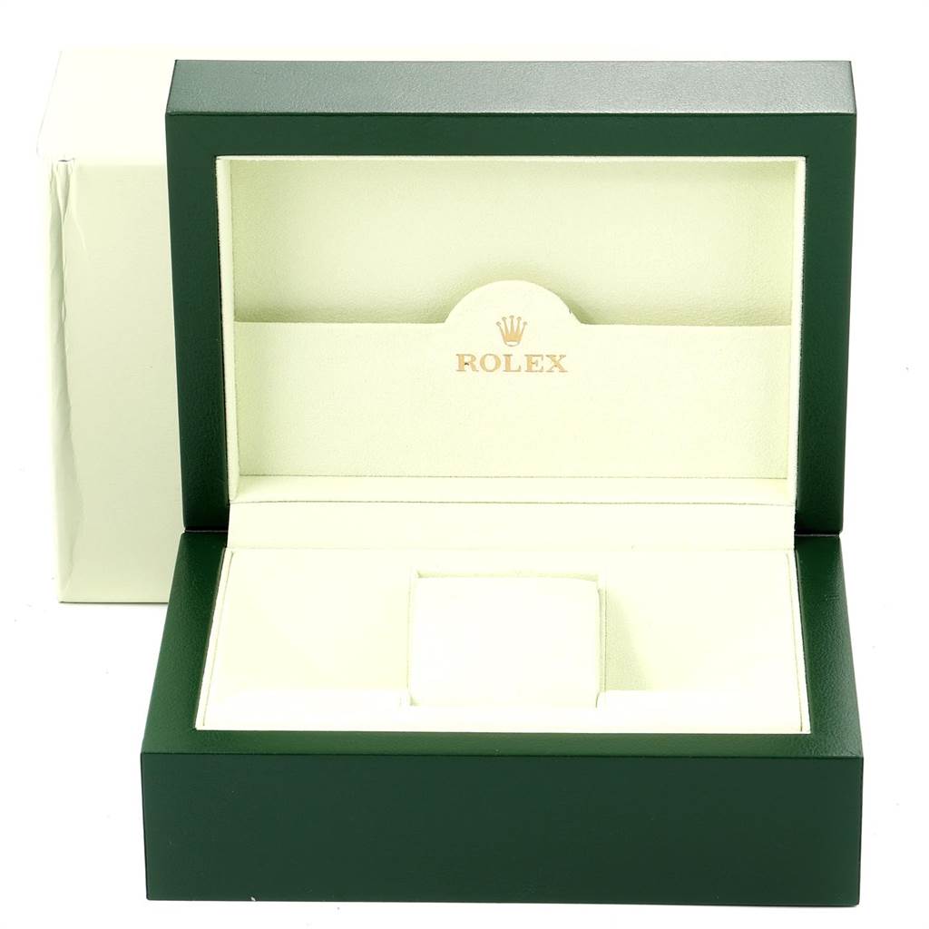 This image shows the open box for a Rolex Explorer 16570 Men's Stainless Steel White Dial 16570 Men's Stainless Steel White Dial watch, displaying its branded interior.