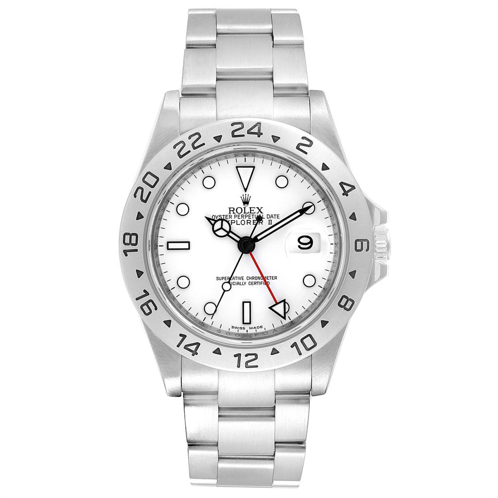 This image shows a front view of the Rolex Explorer 16570 Men's Stainless Steel White Dial 16570 Men's Stainless Steel White Dial watch, featuring its dial, bezel, and bracelet.