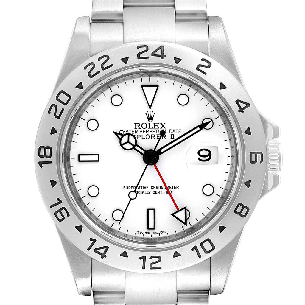 The image shows a front view of the Rolex Explorer 16570 Men's Stainless Steel White Dial 16570 Men's Stainless Steel White Dial watch, highlighting the dial, bezel, and part of the bracelet.