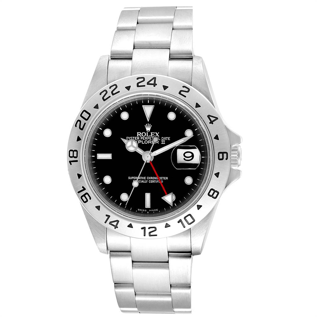The image shows a frontal view of the Rolex Explorer 16570 Men's Stainless Steel Black Dial 16570 Men's Stainless Steel Black Dial watch, displaying its face, bezel, and bracelet.