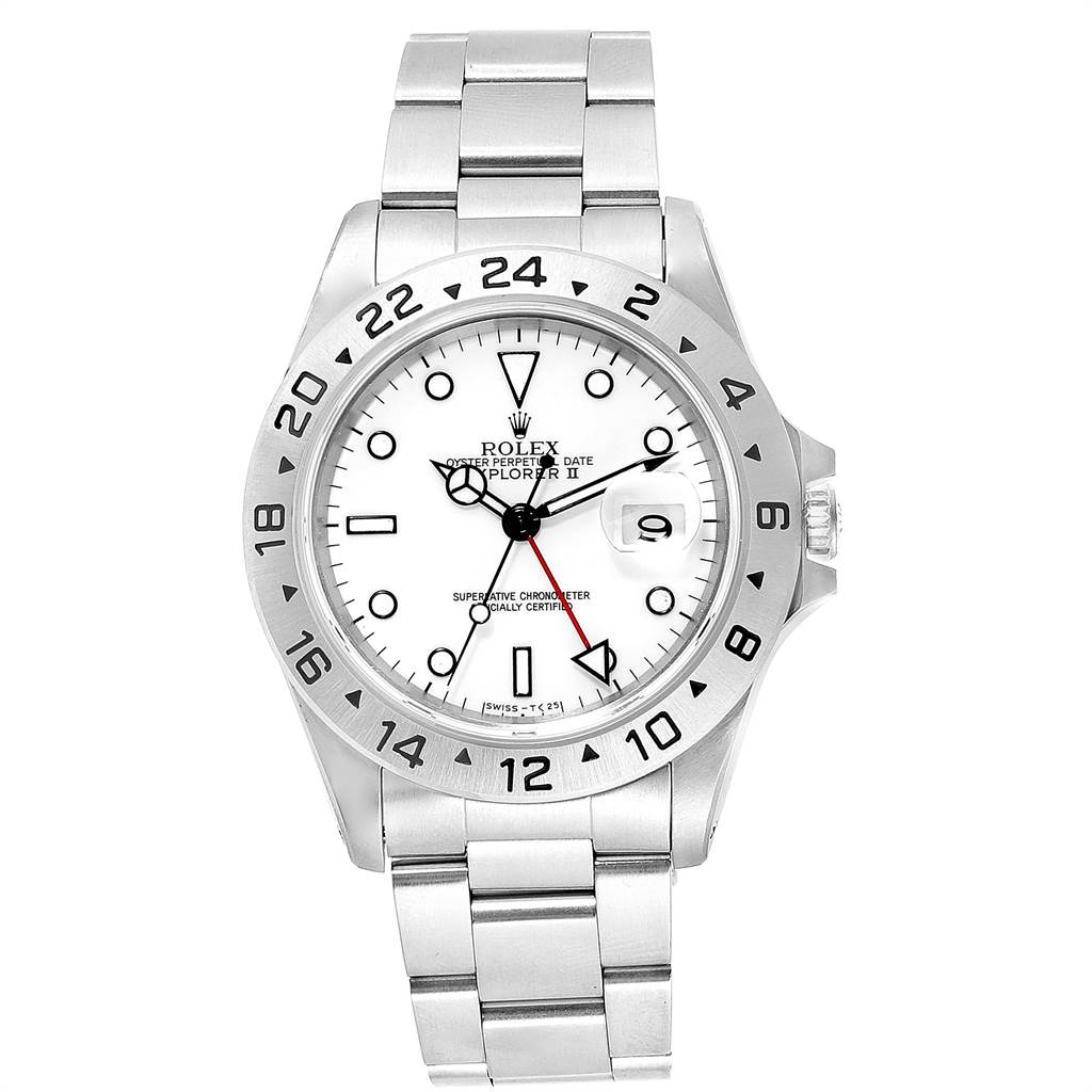 The image shows a front view of the Rolex Explorer 16570 Men's Stainless Steel White Dial 16570 Men's Stainless Steel White Dial watch, highlighting the dial, bezel, and stainless steel bracelet.
