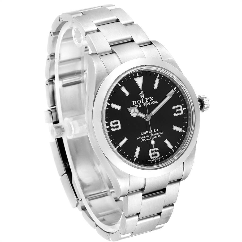 The image shows a side angle of a Rolex Explorer 214270 Men's Stainless Steel Black Dial 214270 Men's Stainless Steel Black Dial model, highlighting the bracelet, watch face, and crown.