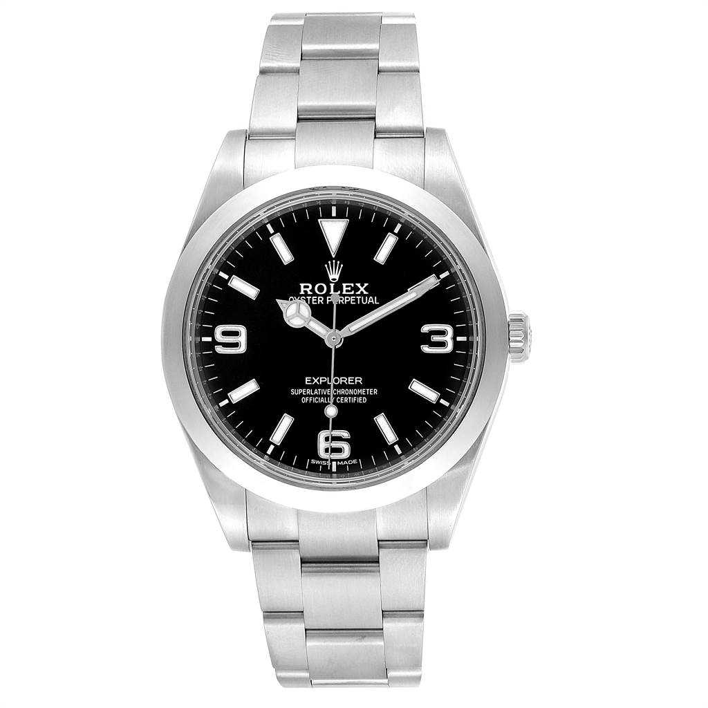 The image shows a front view of a Rolex Explorer 214270 Men's Stainless Steel Black Dial 214270 Men's Stainless Steel Black Dial watch, highlighting its dial, case, and bracelet.