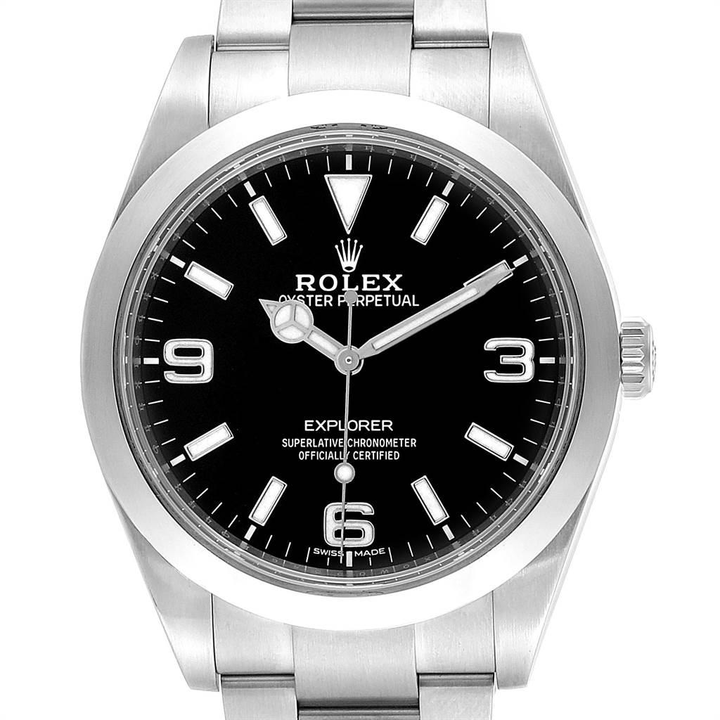 The image shows the front view of the Rolex Explorer 214270 Men's Stainless Steel Black Dial 214270 Men's Stainless Steel Black Dial watch, displaying its dial, hands, bezel, and part of the bracelet.