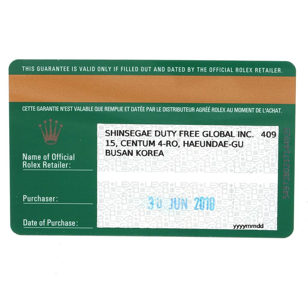 The image shows an official authentication card for a Rolex Explorer 214270 Men's Stainless Steel Black Dial 214270 Men's Stainless Steel Black Dial watch, displaying retailer information and date of purchase.