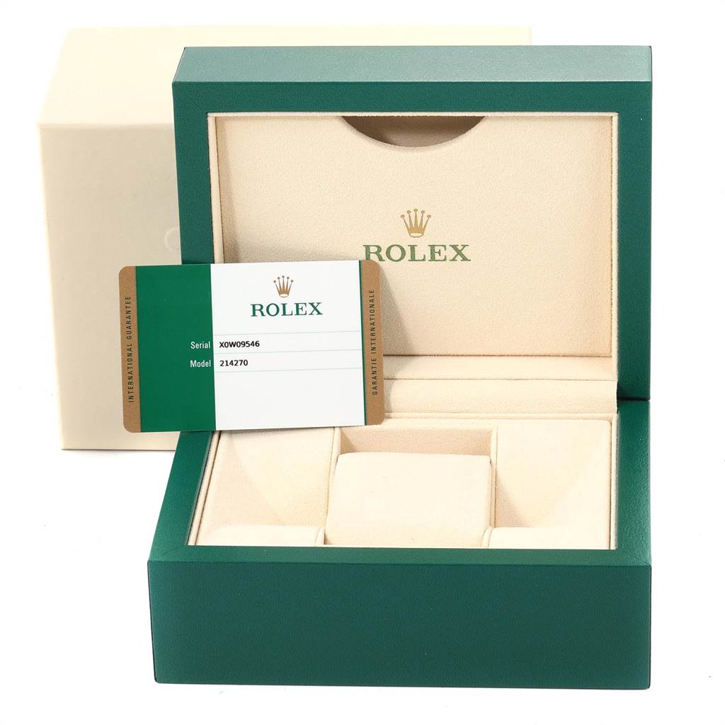 The image shows a Rolex Explorer 214270 Men's Stainless Steel Black Dial 214270 Men's Stainless Steel Black Dial model box with the watch guarantee card inside.