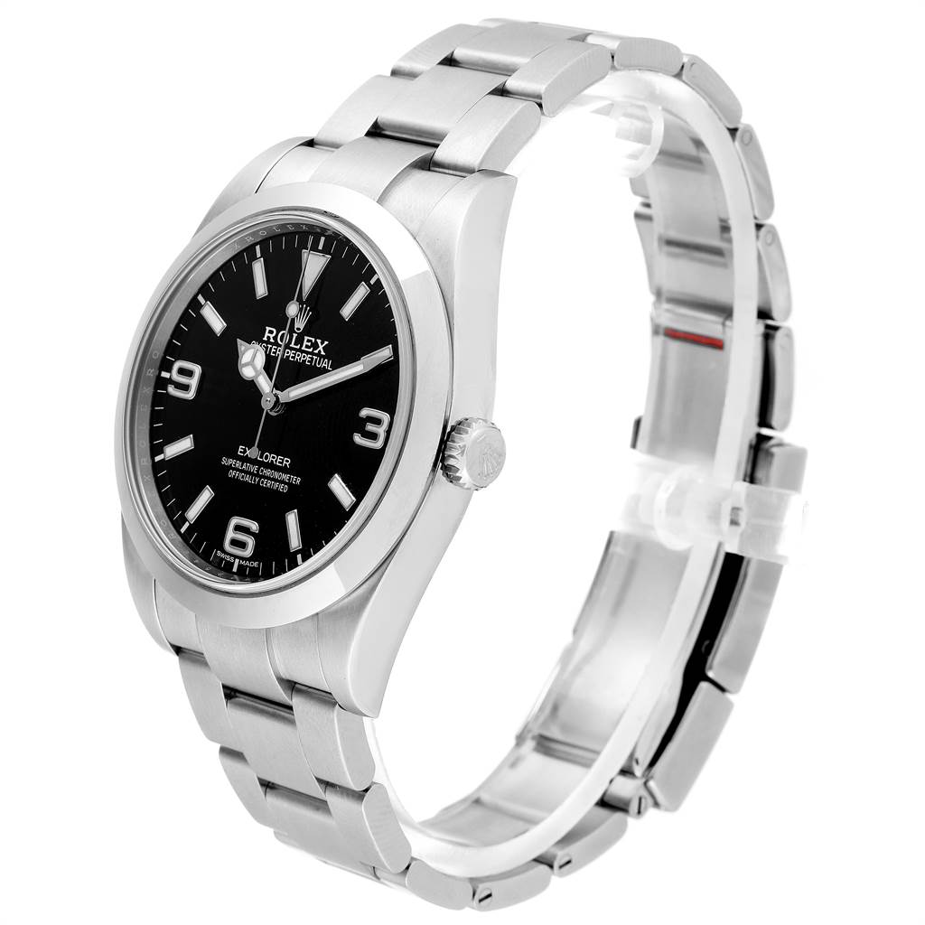 The Rolex Explorer 214270 Men's Stainless Steel Black Dial 214270 Men's Stainless Steel Black Dial watch is shown at a slight angle, displaying the watch face, crown, and bracelet.