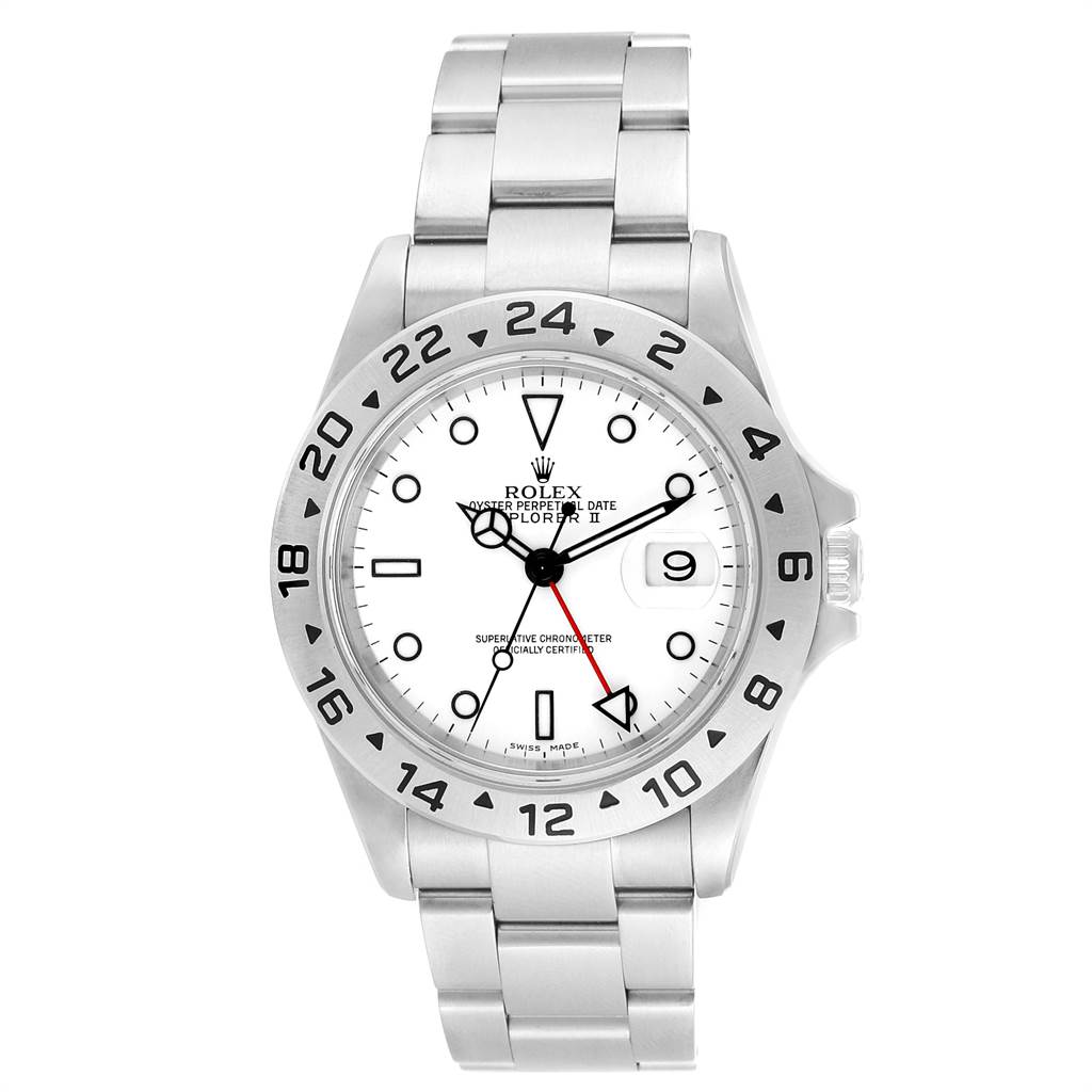 The image shows a front view of a Rolex Explorer 16570 Men's Stainless Steel White Dial 16570 Men's Stainless Steel White Dial watch, displaying the dial, bezel, bracelet, and crown.