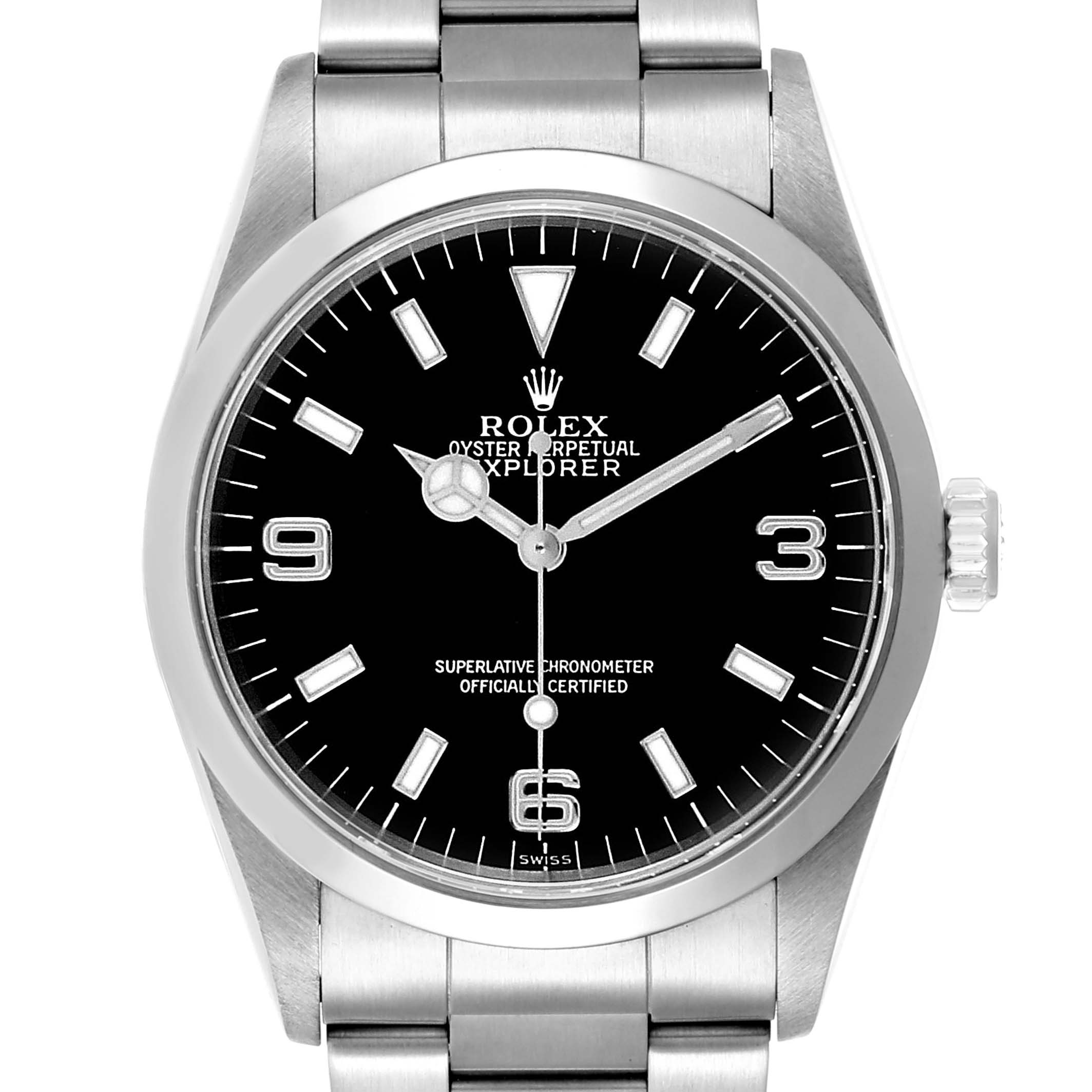 The image shows a front view of the Rolex Explorer 14270 Men's Stainless Steel Black Dial 14270 Men's Stainless Steel Black Dial watch, including the dial, hands, markers, and part of the bracelet.