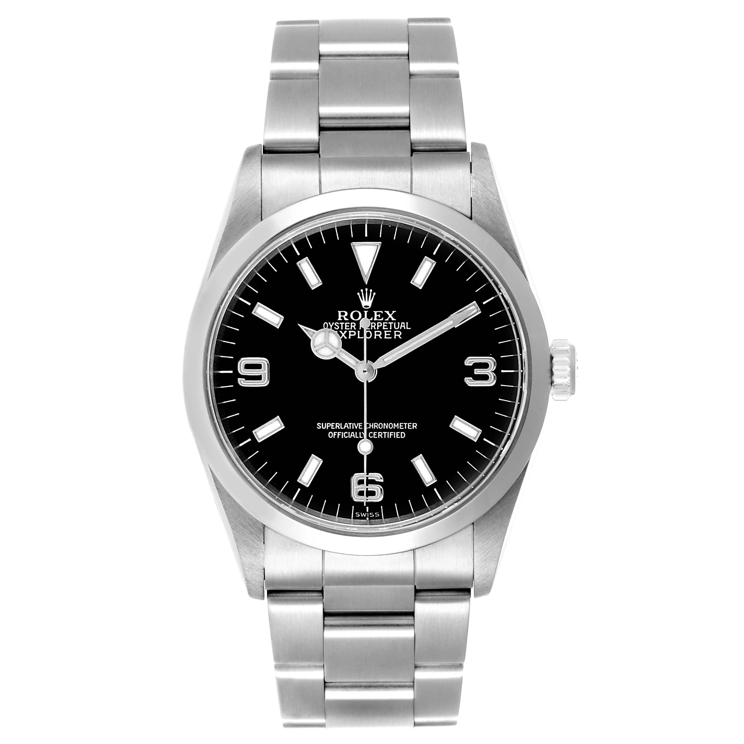 This is a head-on view of the Rolex Explorer 14270 Men's Stainless Steel Black Dial 14270 Men's Stainless Steel Black Dial, showing the face, bracelet, crown, and links of the watch.
