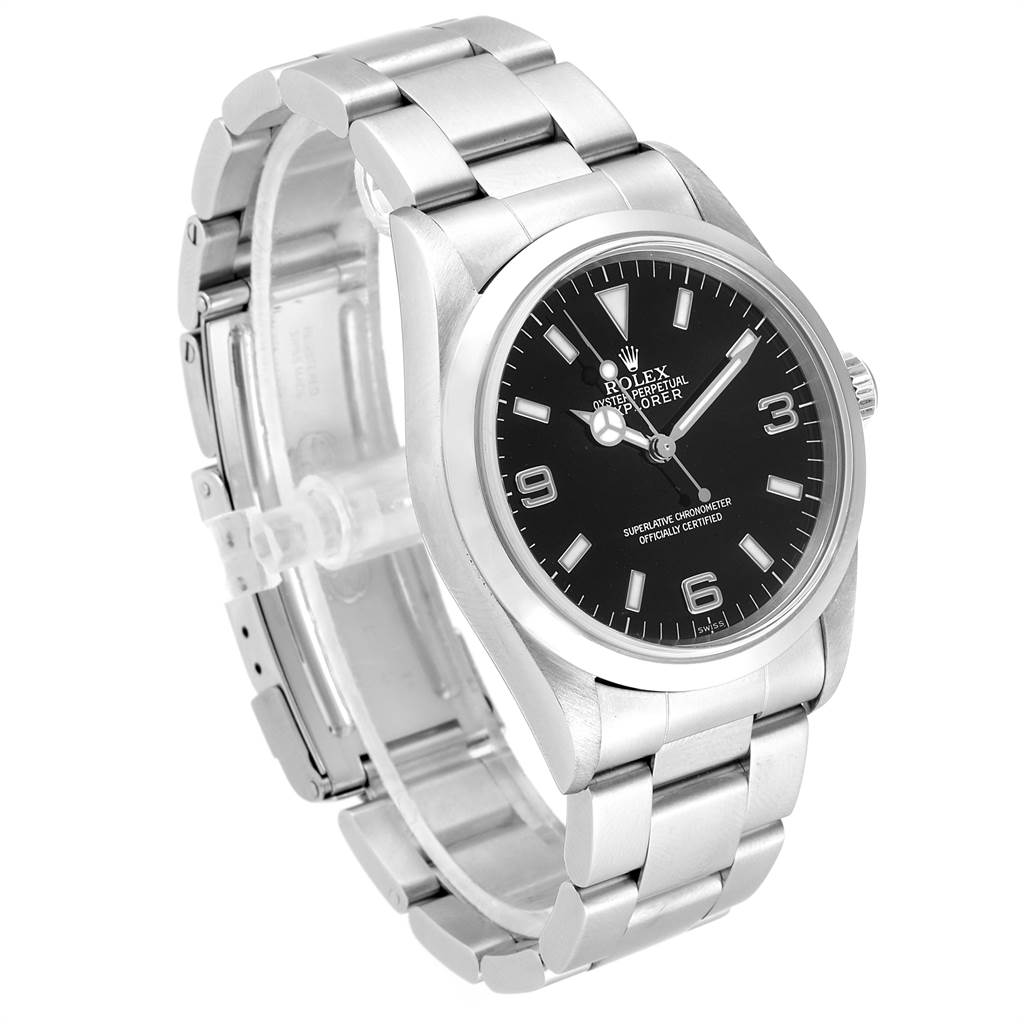 This image shows a Rolex Explorer 14270 Men's Stainless Steel Black Dial 14270 Men's Stainless Steel Black Dial watch from a front angle, highlighting its black dial, bezel, and stainless steel bracelet.