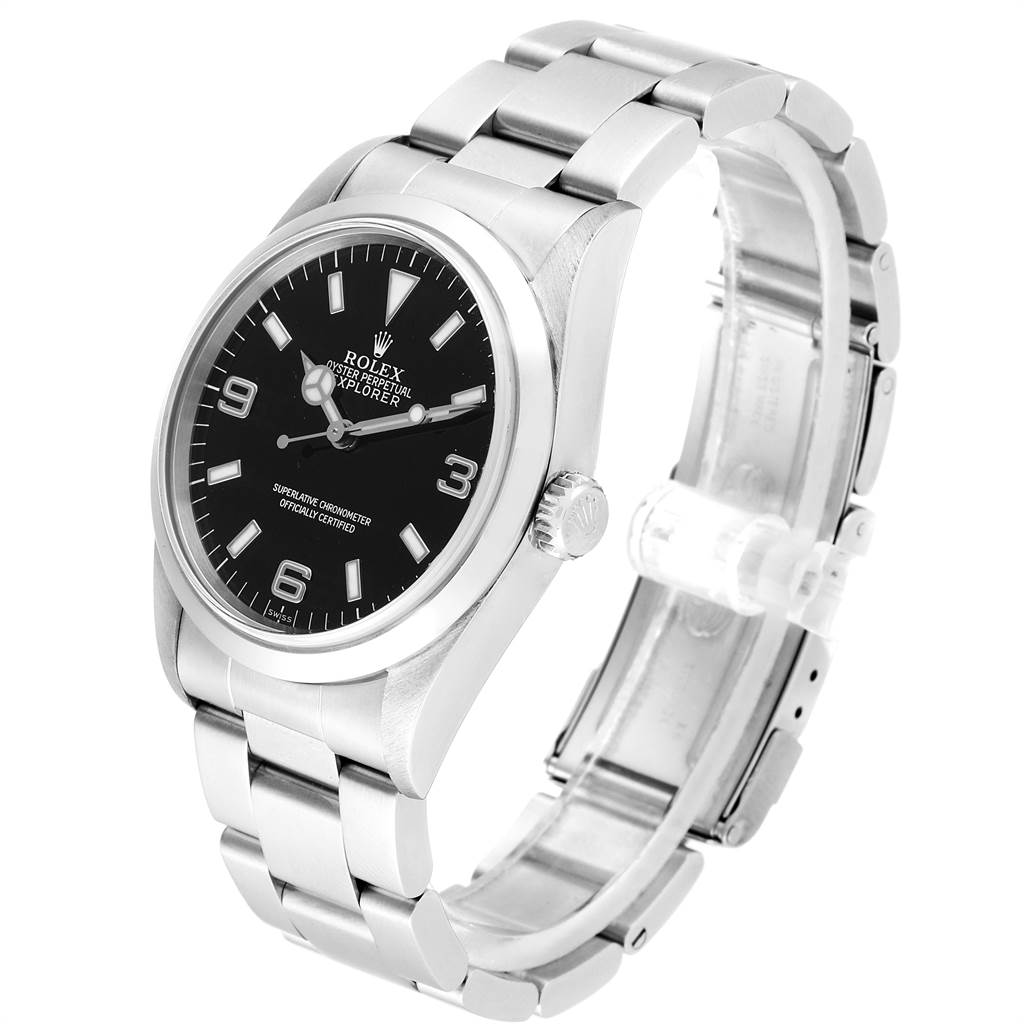 This photo shows the Rolex Explorer 14270 Men's Stainless Steel Black Dial 14270 Men's Stainless Steel Black Dial watch at a three-quarter angle, highlighting the face, bezel, crown, and part of the bracelet.