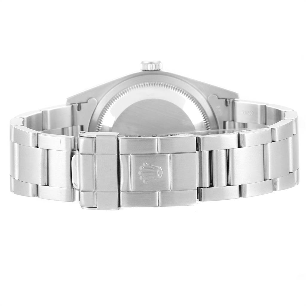 This image shows the back view of the Rolex Explorer 14270 Men's Stainless Steel Black Dial 14270 Men's Stainless Steel Black Dial watch, focusing on its clasp, bracelet, and case back.