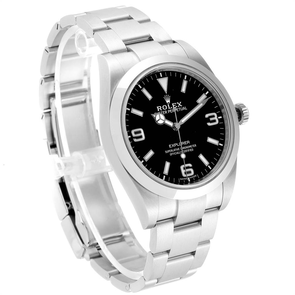 The image shows a side angle of the Rolex Explorer 214270 Men
s Stainless Steel Black Dial 214270 Men
s Stainless Steel Black Dial watch, highlighting its dial, bracelet, and crown.