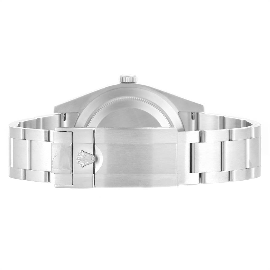 The image shows the stainless steel bracelet and closed clasp of a Rolex Explorer 214270 Men
s Stainless Steel Black Dial 214270 Men
s Stainless Steel Black Dial watch from the rear angle.