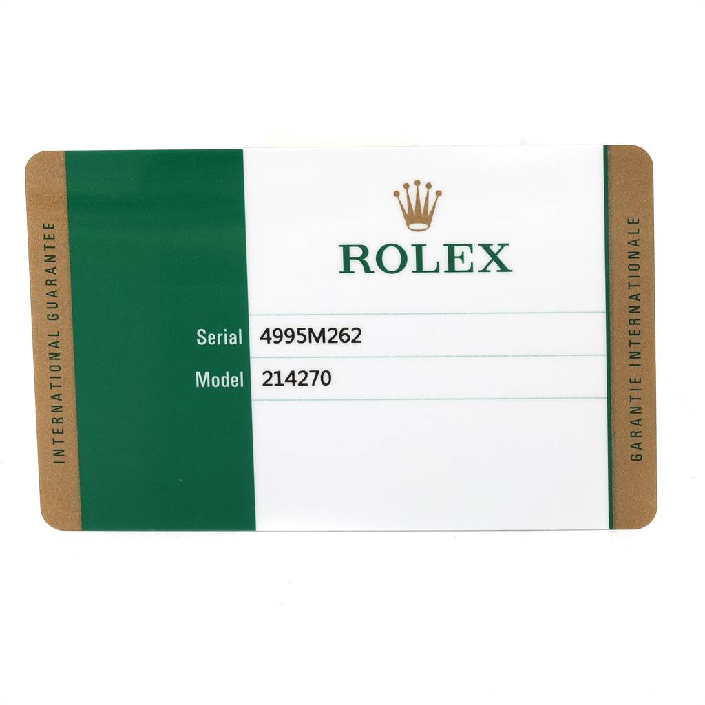 The image shows the international guarantee card for the Rolex Explorer 214270 Men
s Stainless Steel Black Dial 214270 Men
s Stainless Steel Black Dial model 214270.