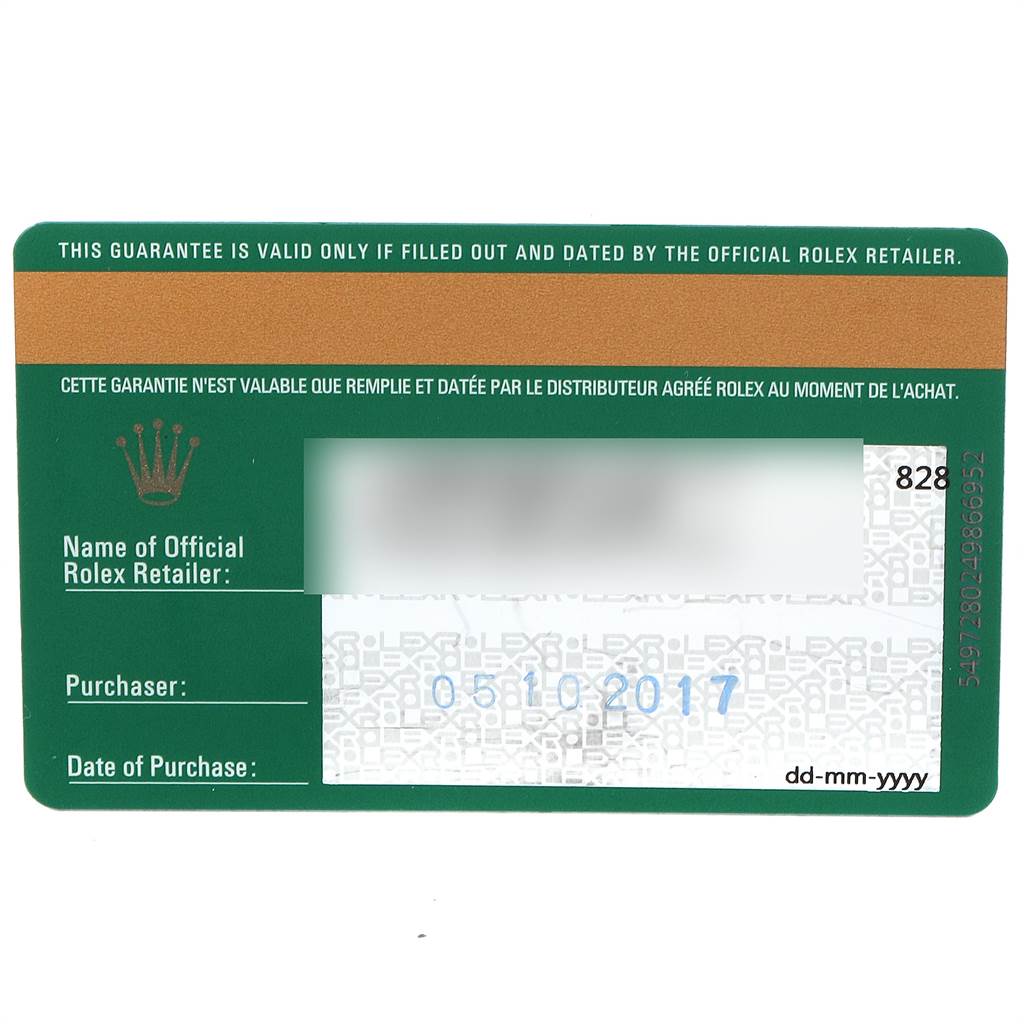 The image shows a green official Rolex guarantee card for the Rolex Explorer 214270 Men
s Stainless Steel Black Dial 214270 Men
s Stainless Steel Black Dial model.