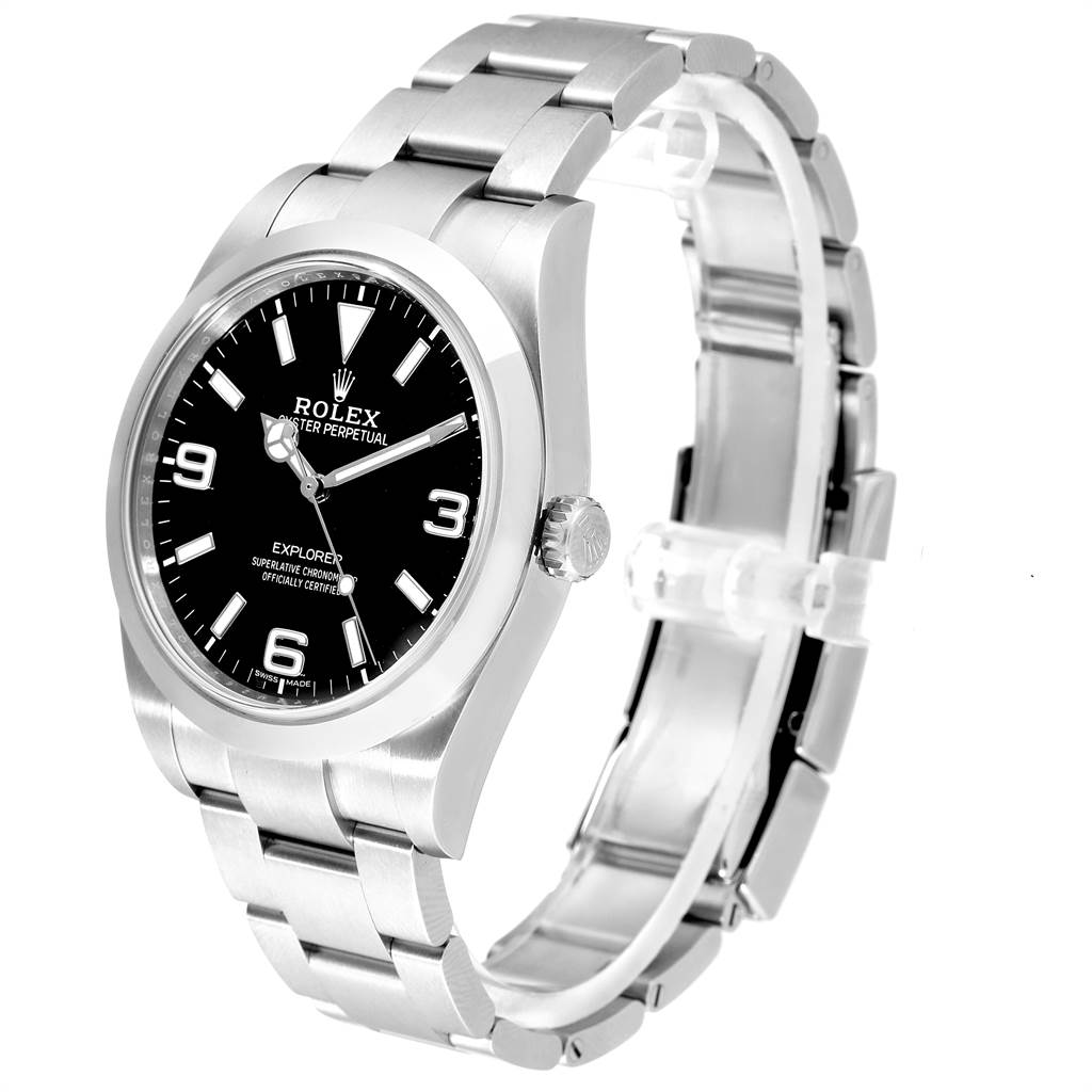 The image shows a side view of a Rolex Explorer 214270 Men
s Stainless Steel Black Dial 214270 Men
s Stainless Steel Black Dial watch, featuring its black dial, hour markers, bezel, crown, and stainless steel bracelet.