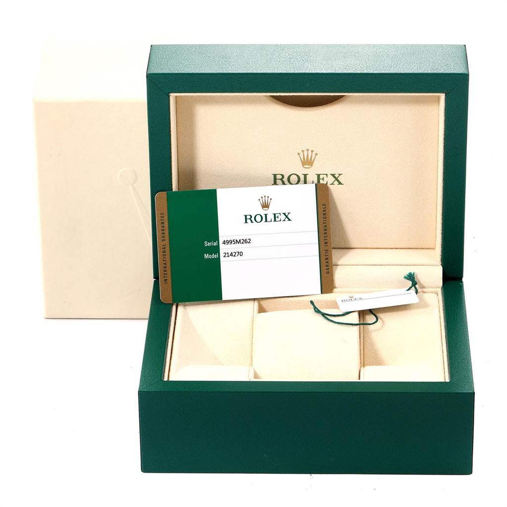 The image shows the open box and certificate card of a Rolex Explorer 214270 Men
s Stainless Steel Black Dial 214270 Men
s Stainless Steel Black Dial model watch.