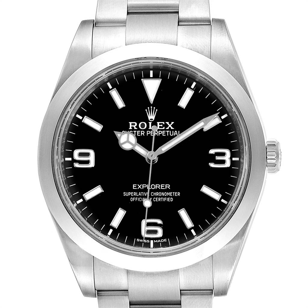The image shows a front view of the dial and bezel of a Rolex Explorer 214270 Men
s Stainless Steel Black Dial 214270 Men
s Stainless Steel Black Dial watch.