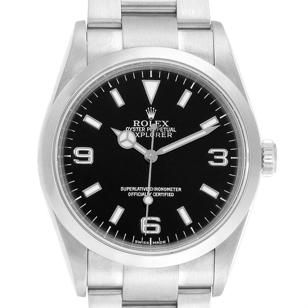 The image shows a front view of a Rolex Explorer 114270 Men's Stainless Steel Black Dial 114270 Men's Stainless Steel Black Dial model watch, highlighting its black dial, hour markers, hands, and part of the stainless steel bracelet.