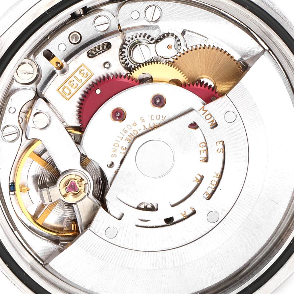 The image shows the inner mechanical movement of the Rolex Explorer 114270 Men's Stainless Steel Black Dial 114270 Men's Stainless Steel Black Dial watch from a close-up angle.