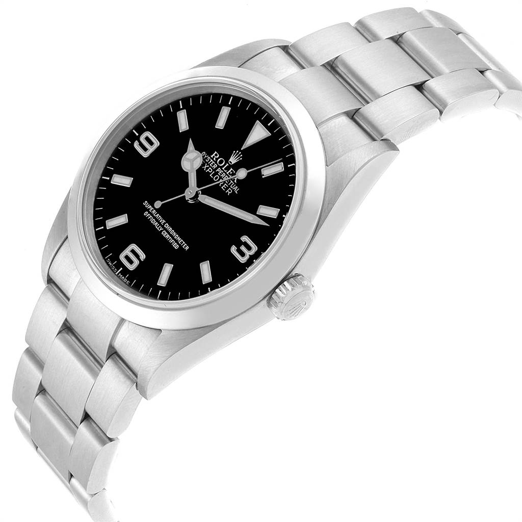 The image shows a Rolex Explorer 114270 Men's Stainless Steel Black Dial 114270 Men's Stainless Steel Black Dial watch at an oblique angle, highlighting its black dial, stainless steel case, and bracelet.