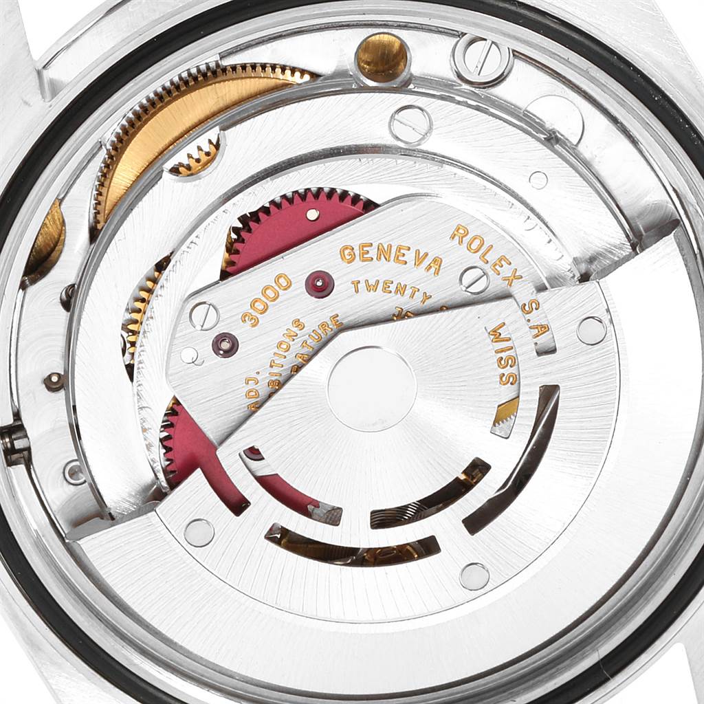 This image shows the movement and internal components of a Rolex Explorer 14270 Men's Stainless Steel Black Dial 14270 Men's Stainless Steel Black Dial model watch from a close-up angle.