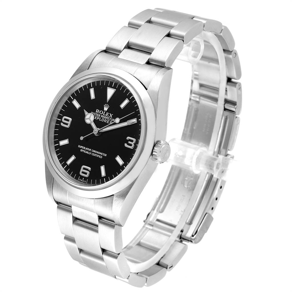 The image shows a Rolex Explorer 14270 Men's Stainless Steel Black Dial 14270 Men's Stainless Steel Black Dial watch angled sideways, displaying the face, bezel, crown, and part of the bracelet.