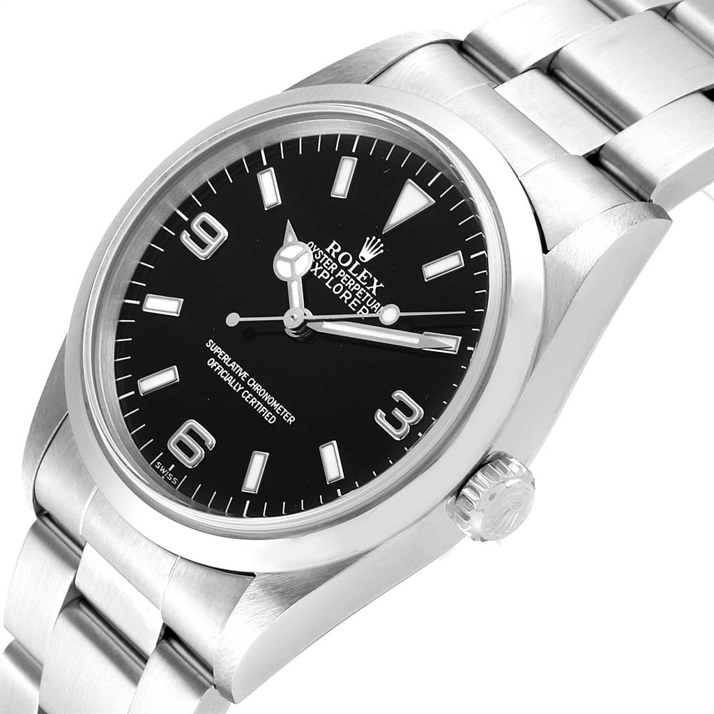 The Rolex Explorer 14270 Men's Stainless Steel Black Dial 14270 Men's Stainless Steel Black Dial watch is shown at an angled front view, highlighting the face, bezel, crown, and part of the bracelet.