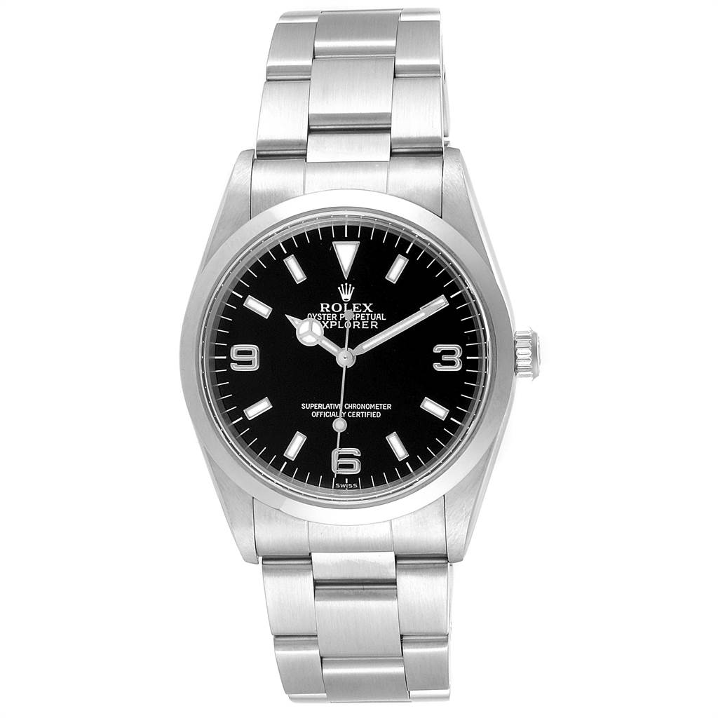 This is a front view of the Rolex Explorer 14270 Men's Stainless Steel Black Dial 14270 Men's Stainless Steel Black Dial watch, showing its black dial, stainless steel bracelet, and bezel.