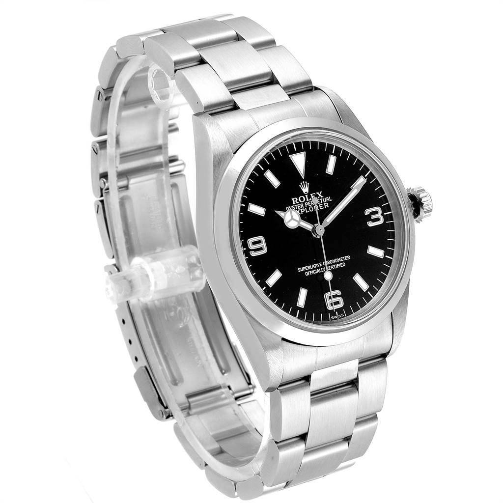 The image shows a Rolex Explorer 14270 Men's Stainless Steel Black Dial 14270 Men's Stainless Steel Black Dial watch, angled to display the face, bezel, crown, and metal bracelet.