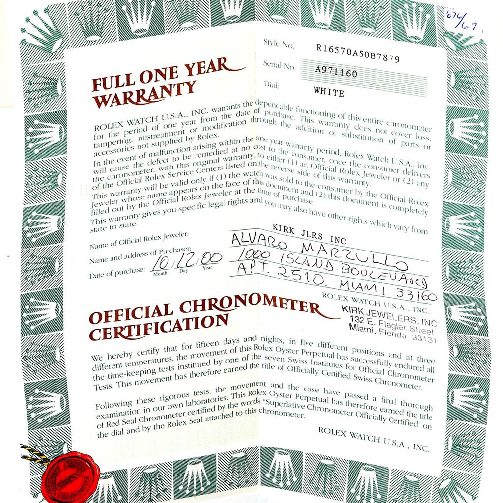 This image shows the official warranty and chronometer certification papers for the Rolex Explorer 16570 Men's Stainless Steel White Dial 16570 Men's Stainless Steel White Dial model watch.