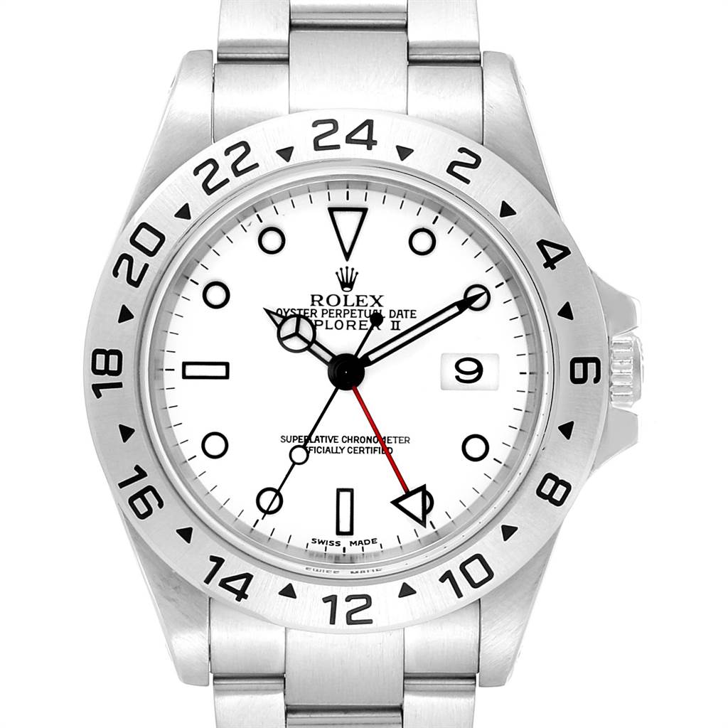 The image shows a frontal view of the Rolex Explorer 16570 Men's Stainless Steel White Dial 16570 Men's Stainless Steel White Dial watch, displaying the white dial, hour markers, hands, bezel, and bracelet.
