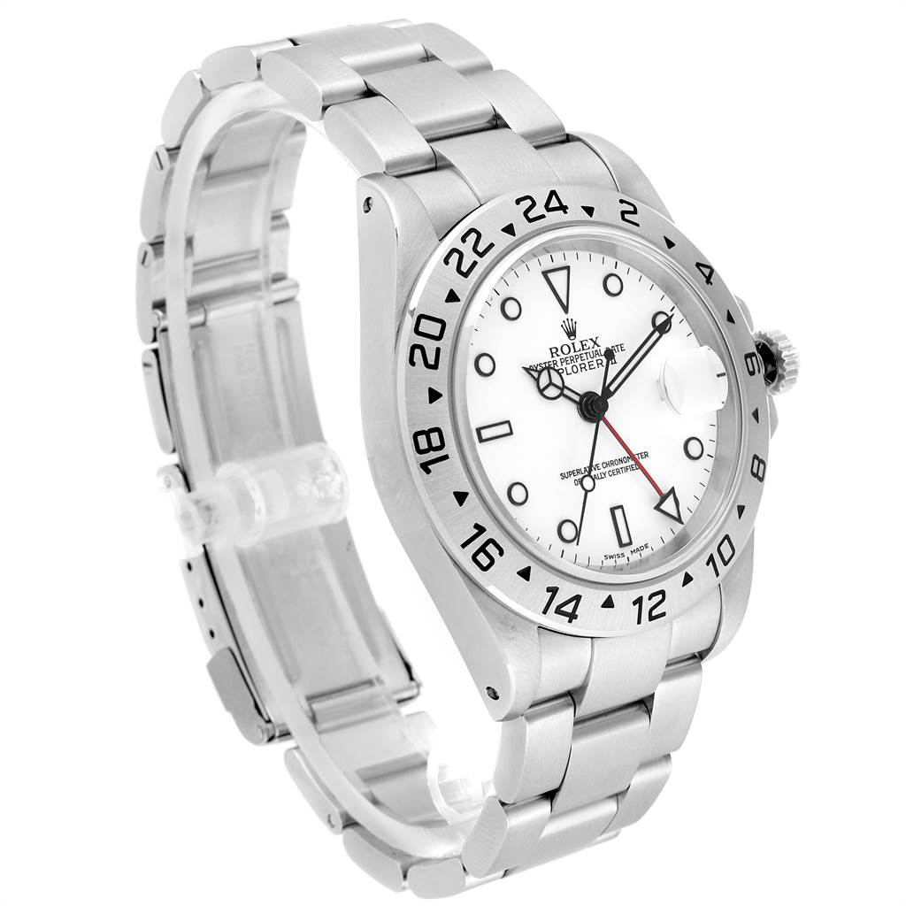 The image shows a side-angle view of a Rolex Explorer 16570 Men's Stainless Steel White Dial 16570 Men's Stainless Steel White Dial watch, highlighting the white dial and metal bracelet.